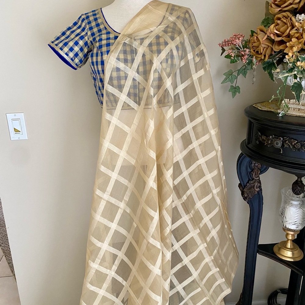 Saree sari new with Blue Blouse check plaid